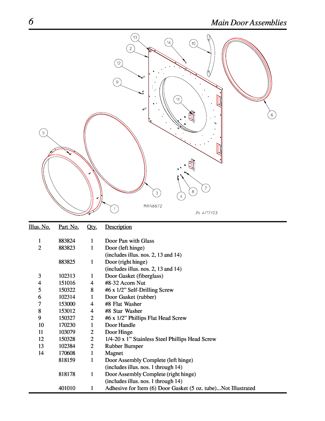 American Dryer Corp CG20, SL20 manual Main Door Assemblies 