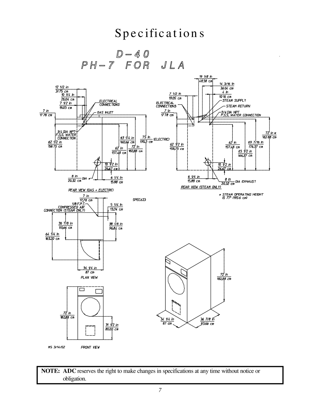 American Dryer Corp D-40 installation manual Specifications 