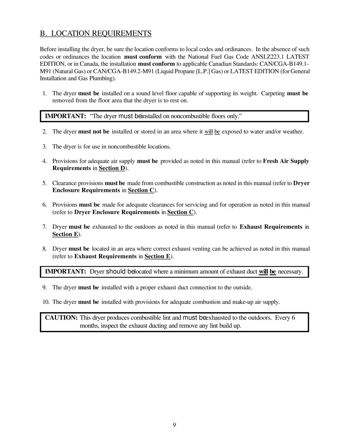 American Dryer Corp D-40 installation manual Location Requirements 