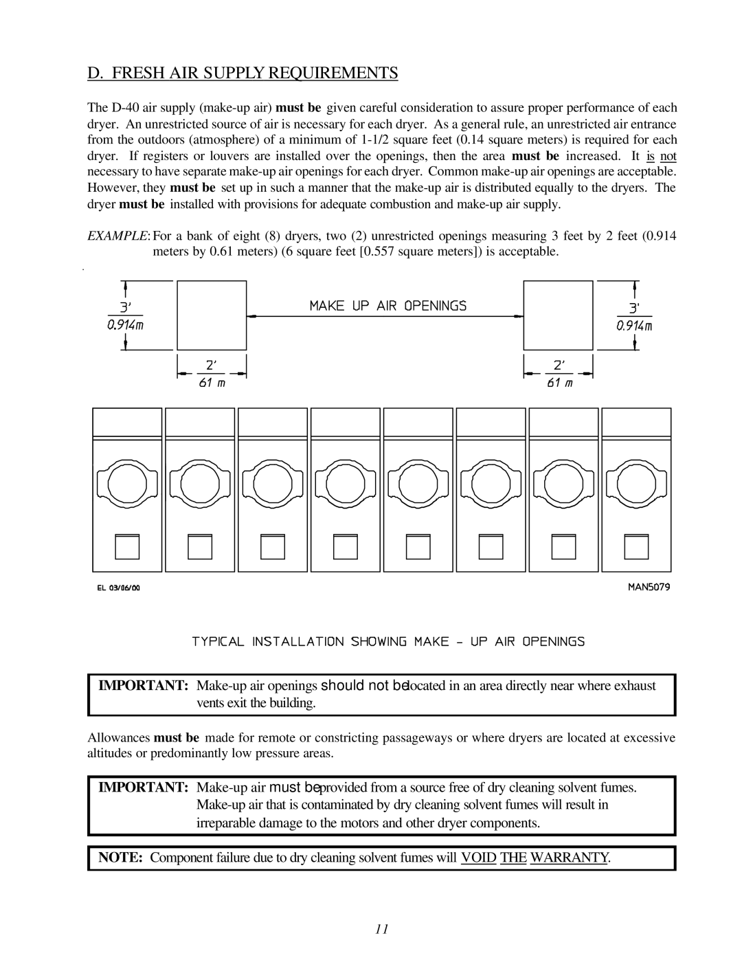 American Dryer Corp D-40 installation manual Fresh AIR Supply Requirements 