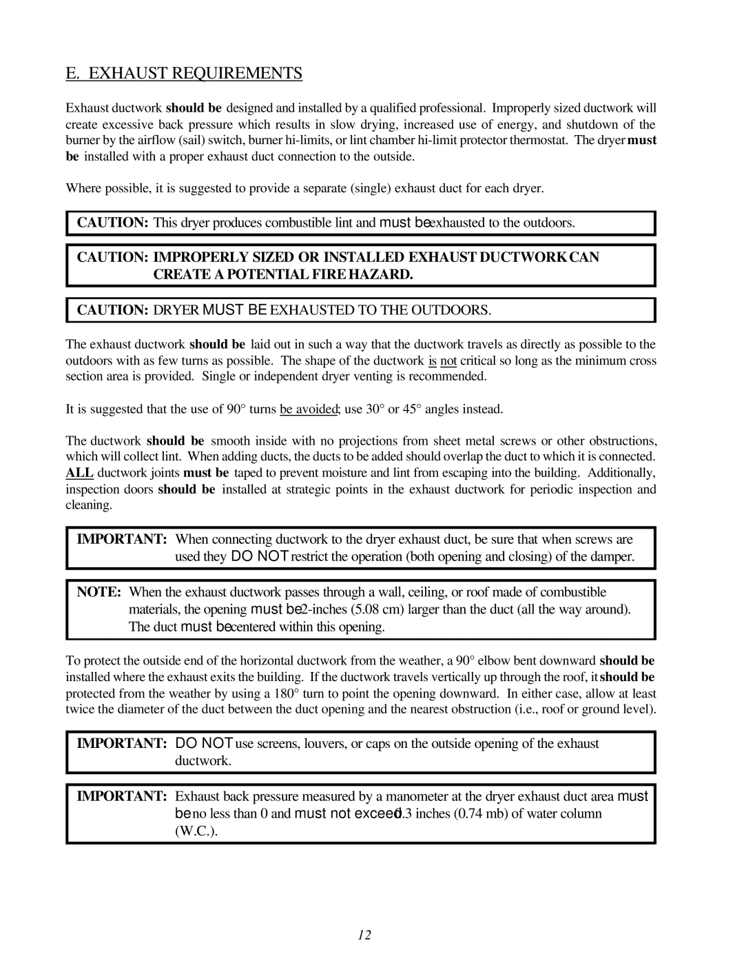 American Dryer Corp D-40 installation manual Exhaust Requirements 