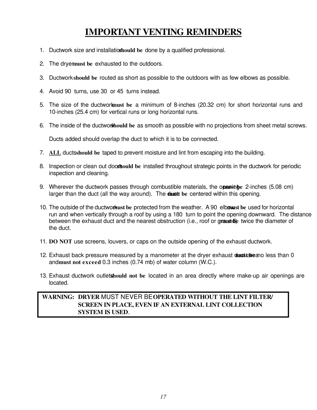 American Dryer Corp D-40 installation manual Important Venting Reminders 