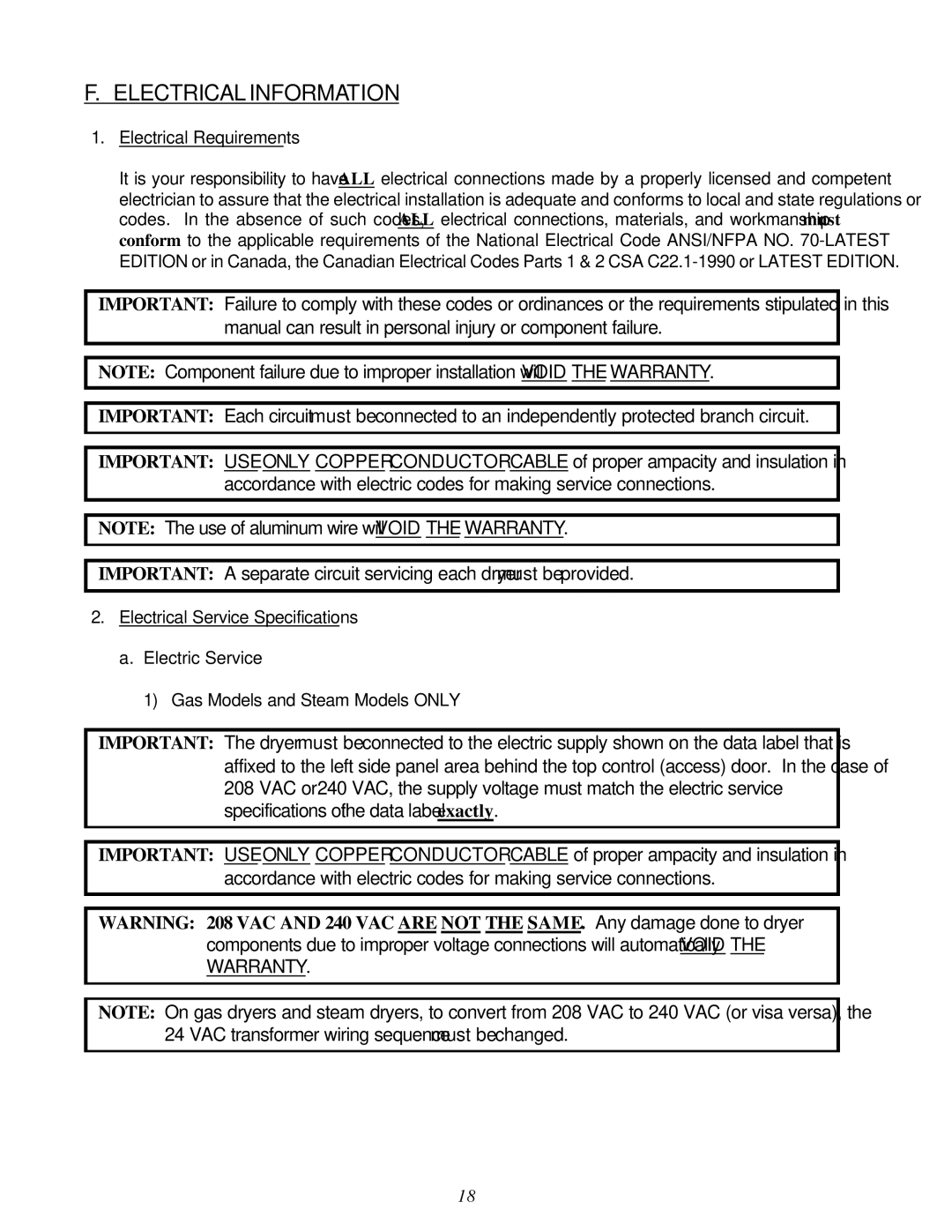 American Dryer Corp D-40 installation manual Electrical Information, Electrical Requirements 