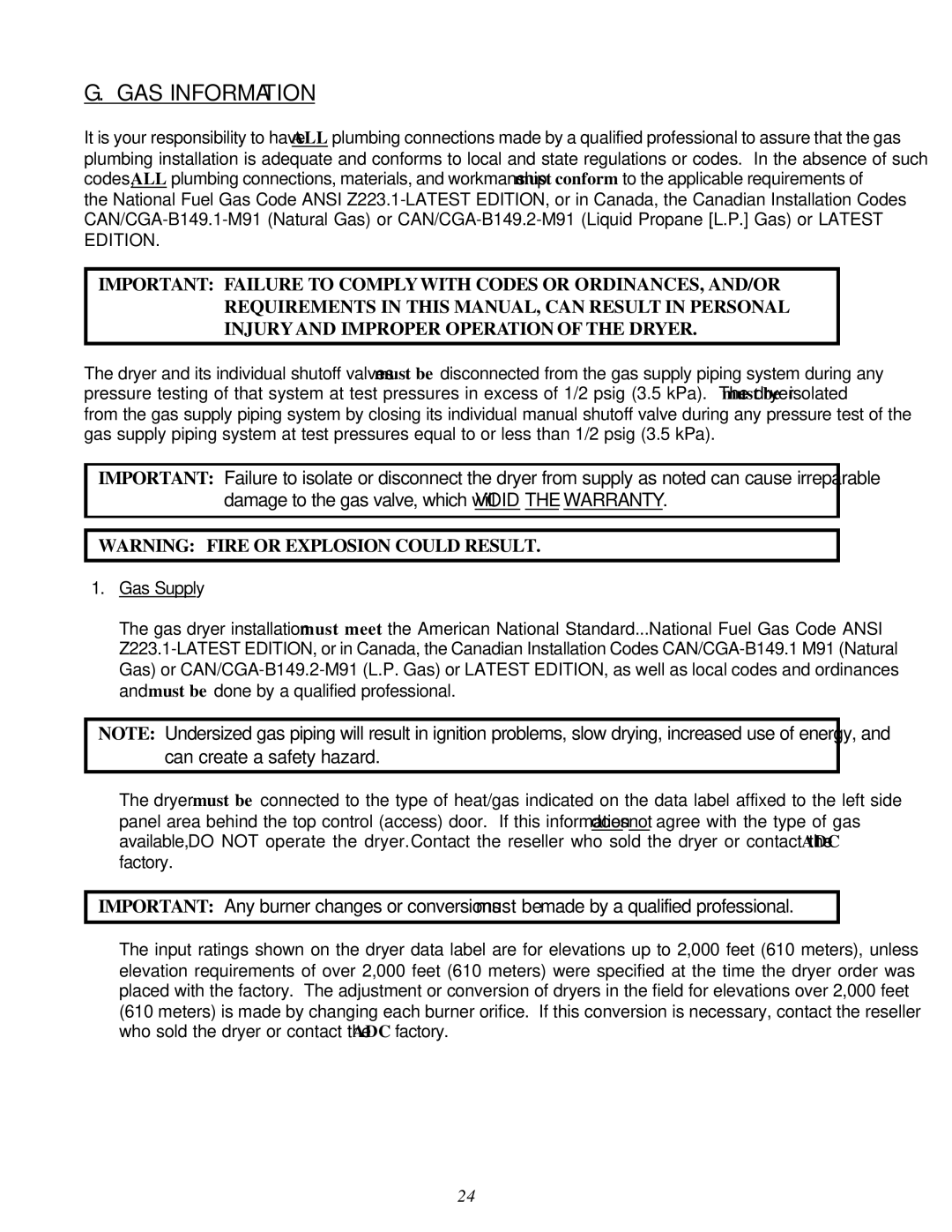 American Dryer Corp D-40 installation manual GAS Information 