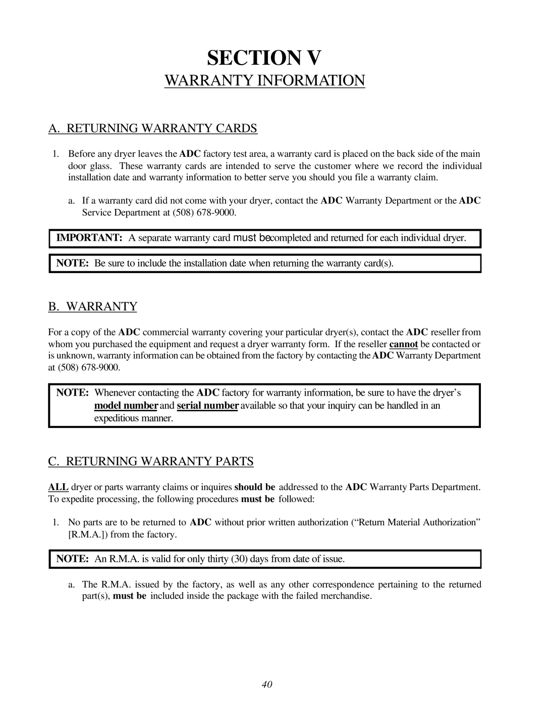 American Dryer Corp D-40 installation manual Warranty Information, Returning Warranty Cards, Returning Warranty Parts 