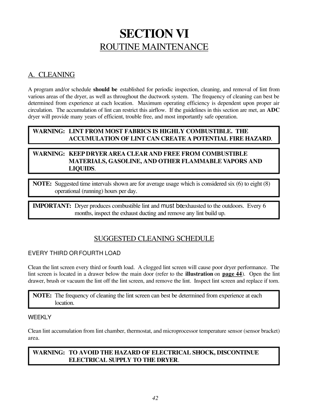 American Dryer Corp D-40 installation manual Routine Maintenance, Suggested Cleaning Schedule 