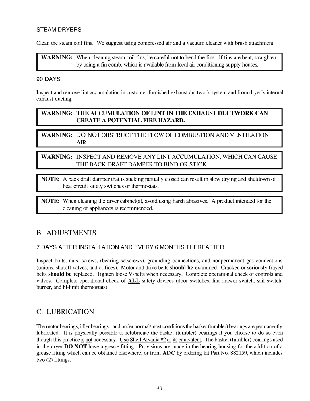 American Dryer Corp D-40 installation manual Adjustments, Lubrication 