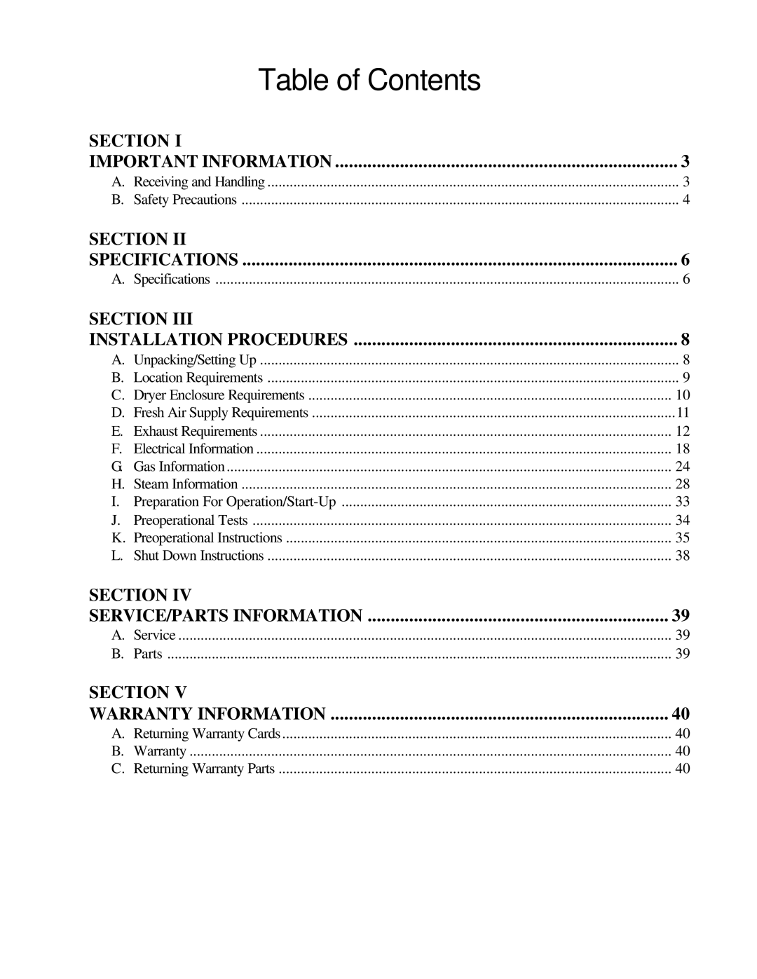 American Dryer Corp D-40 installation manual Table of Contents 