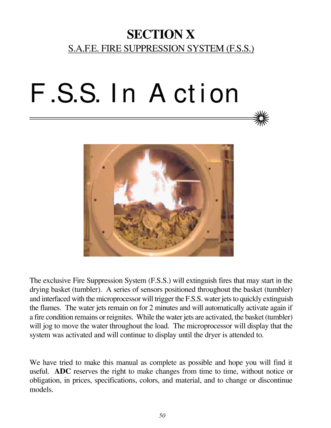 American Dryer Corp D-40 installation manual S. In Action, F.E. Fire Suppression System F.S.S 