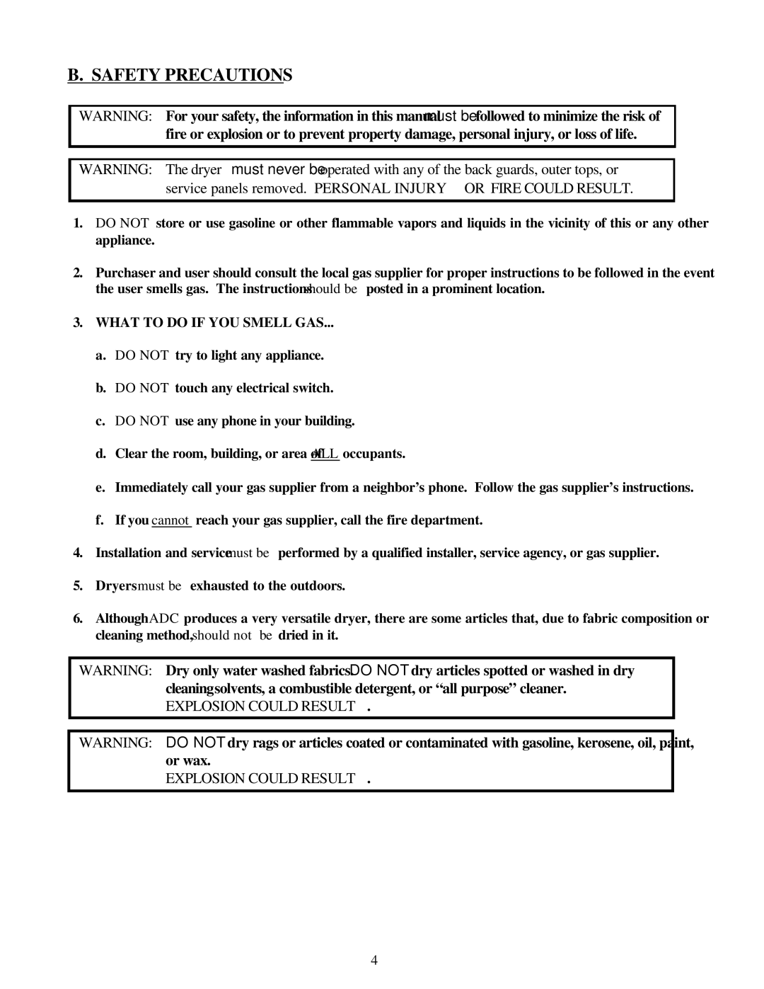 American Dryer Corp D-40 installation manual Safety Precautions, Explosion could Result 