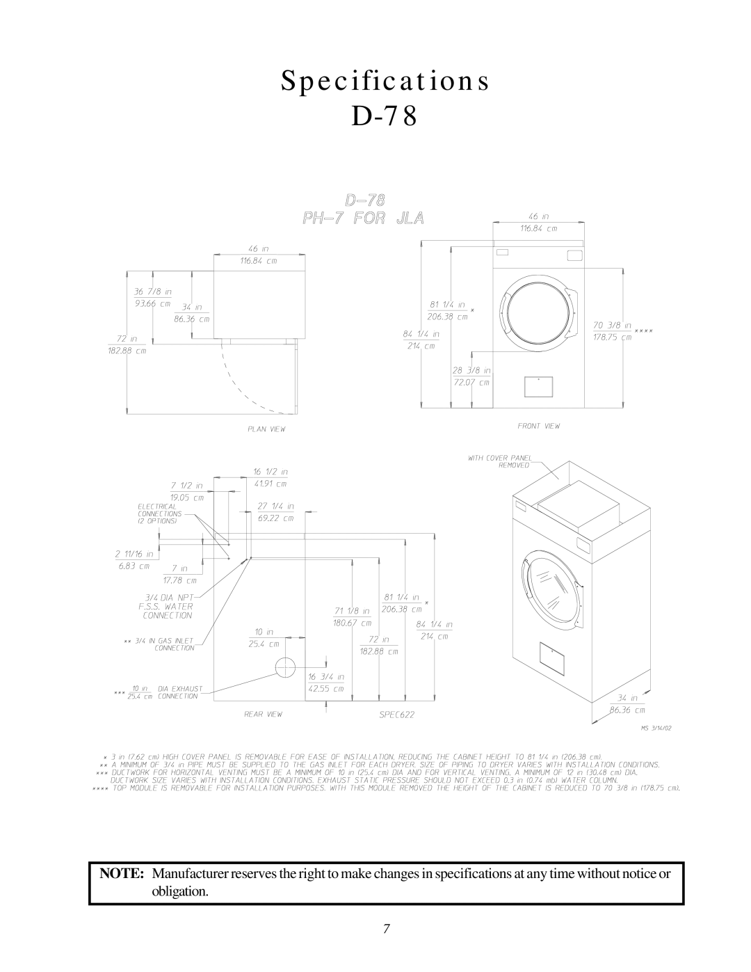 American Dryer Corp D-78 installation manual Specifications 