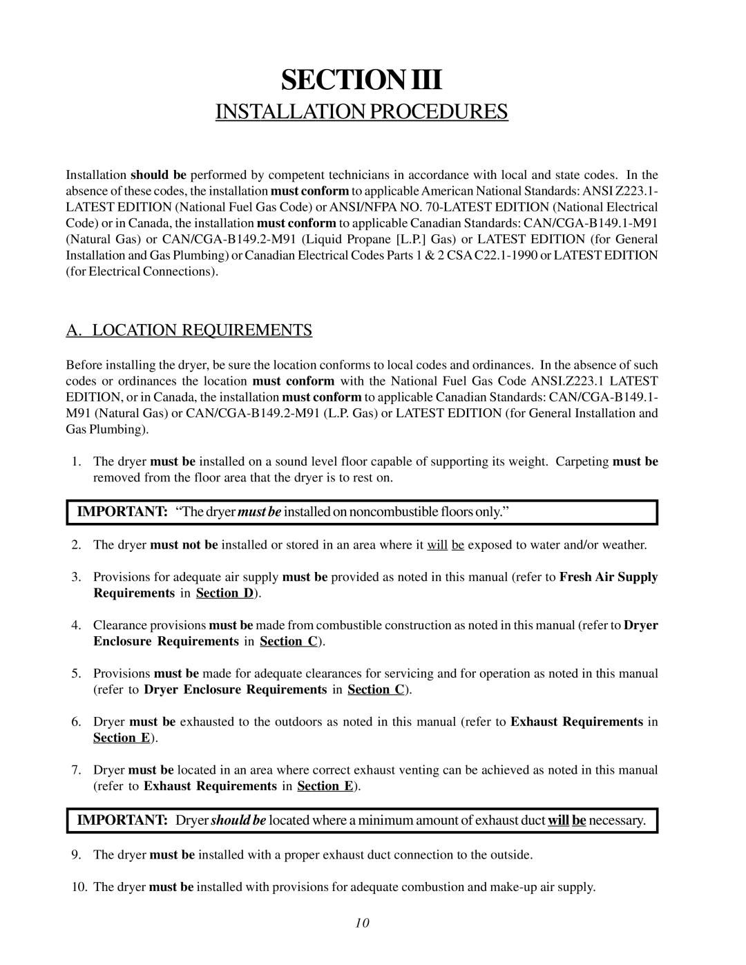 American Dryer Corp D-78 installation manual Installation Procedures, Location Requirements 