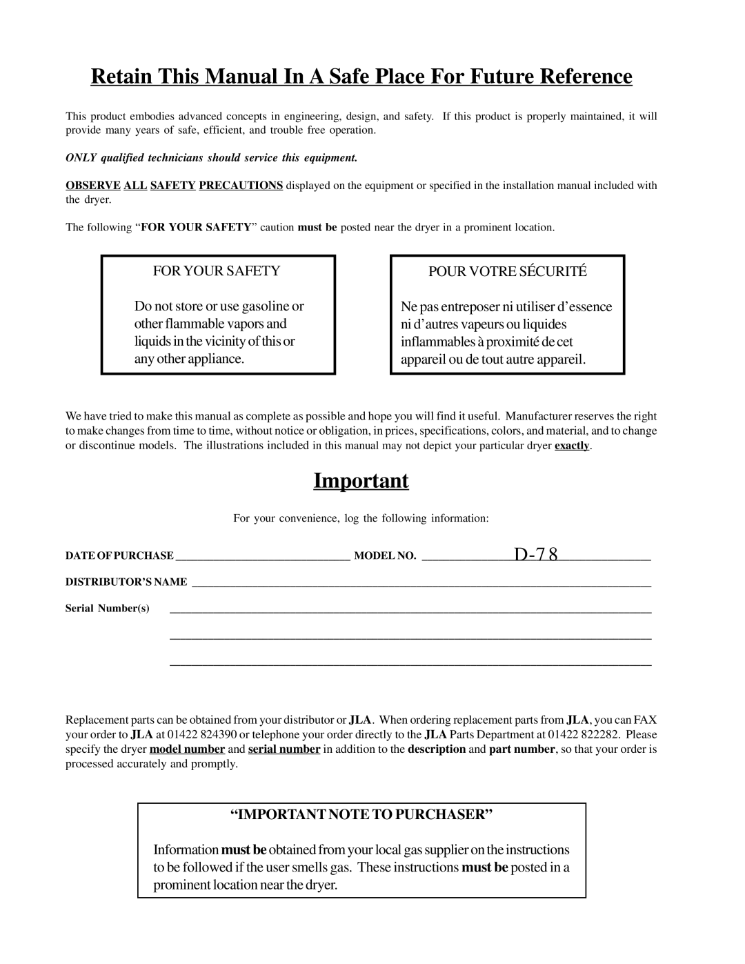 American Dryer Corp D-78 installation manual Retain This Manual In a Safe Place For Future Reference 