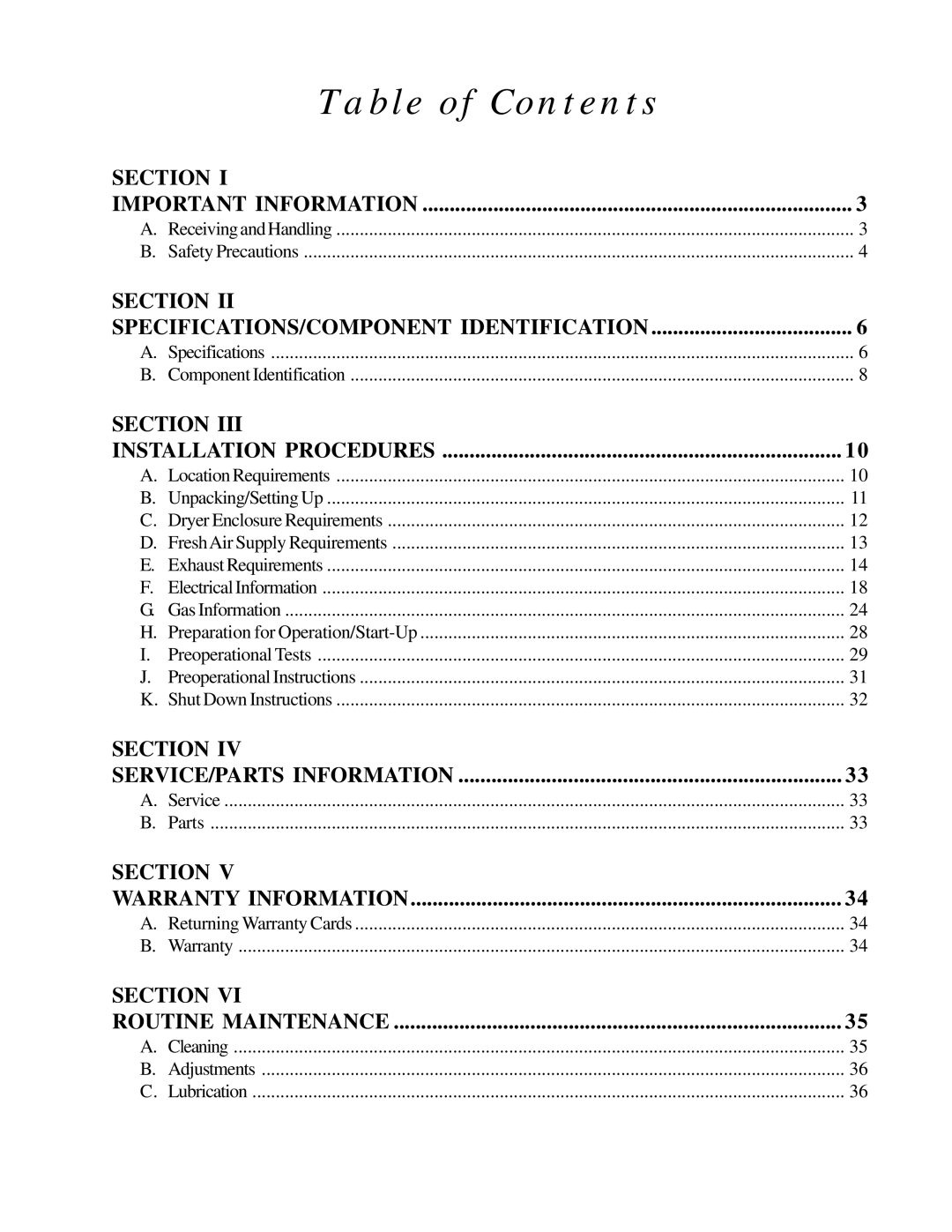 American Dryer Corp D-78 installation manual Table of Contents 