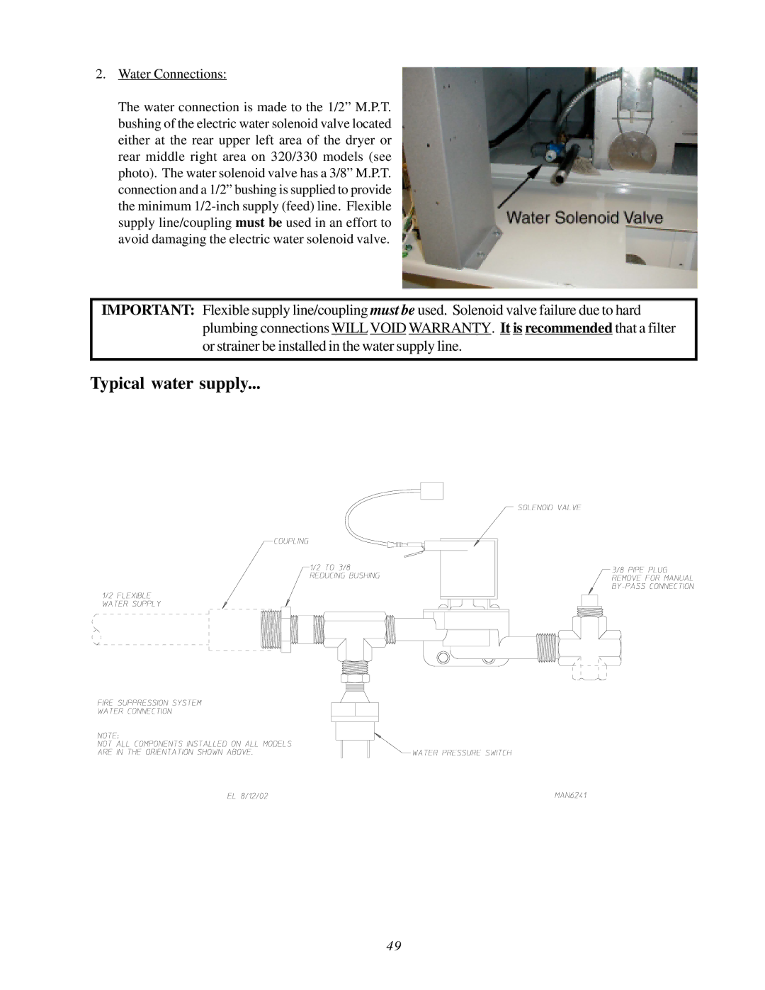 American Dryer Corp D-78 installation manual Typical water supply 