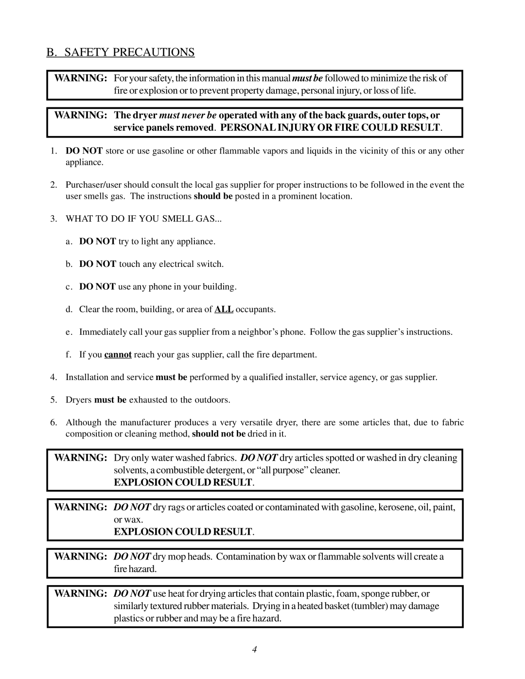 American Dryer Corp D-78 installation manual Safety Precautions, What to do if YOU Smell GAS 