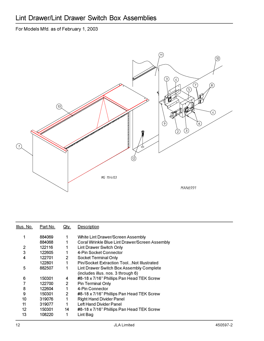 American Dryer Corp D170 manual Lint Drawer/Lint Drawer Switch Box Assemblies, For Models Mfd. as of February 1 