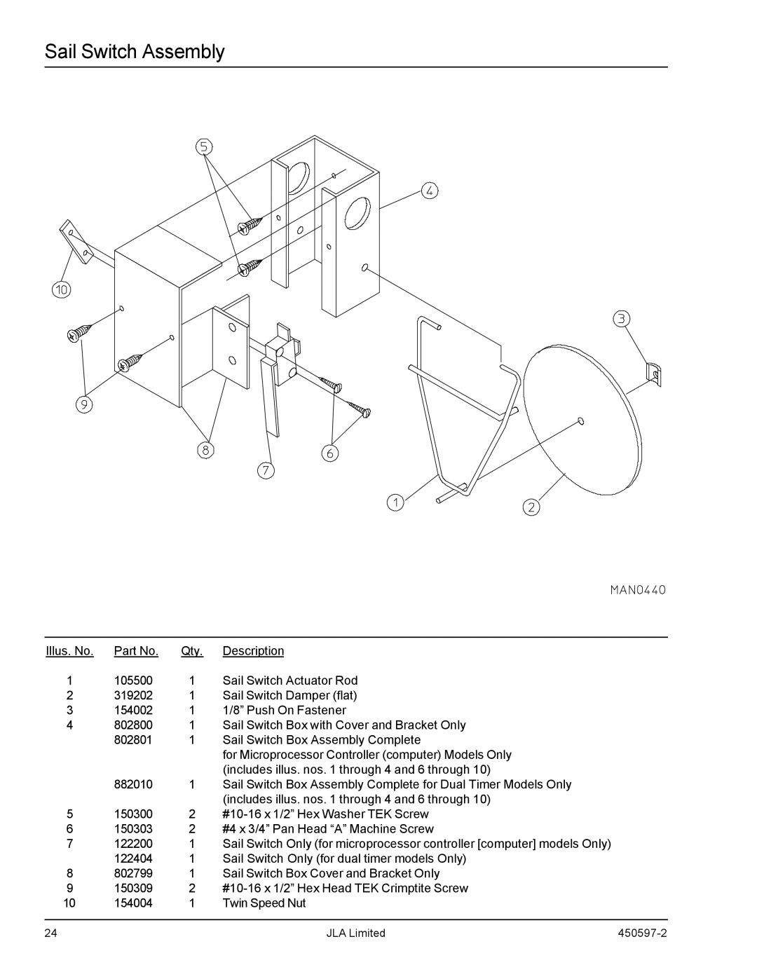 American Dryer Corp D170 manual Sail Switch Assembly 