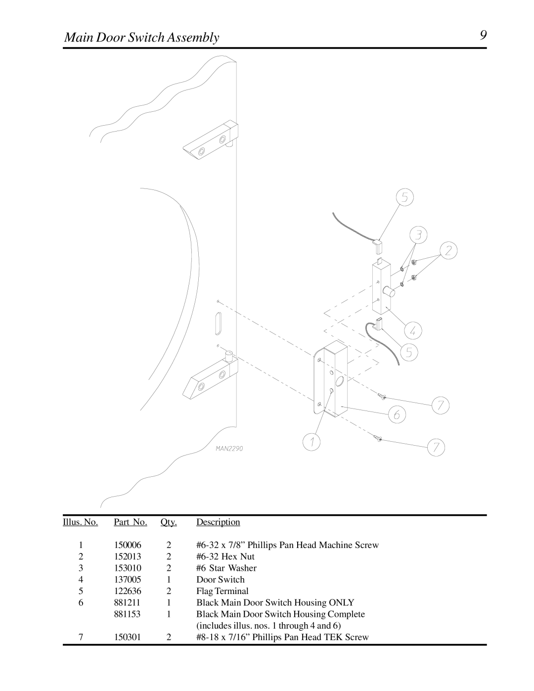 American Dryer Corp D30 manual Main Door Switch Assembly 