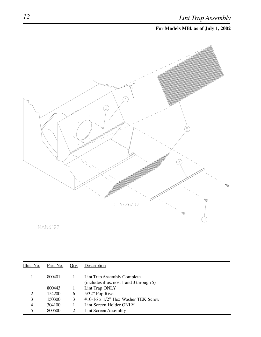 American Dryer Corp D30 manual Lint Trap Assembly 