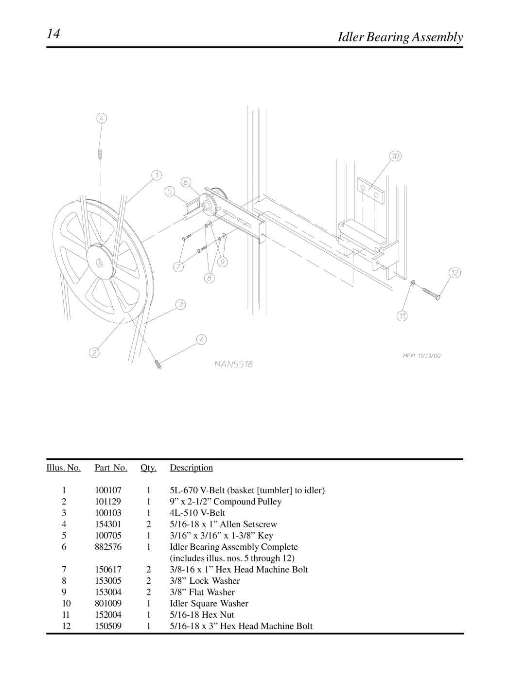 American Dryer Corp D30 manual Idler Bearing Assembly 