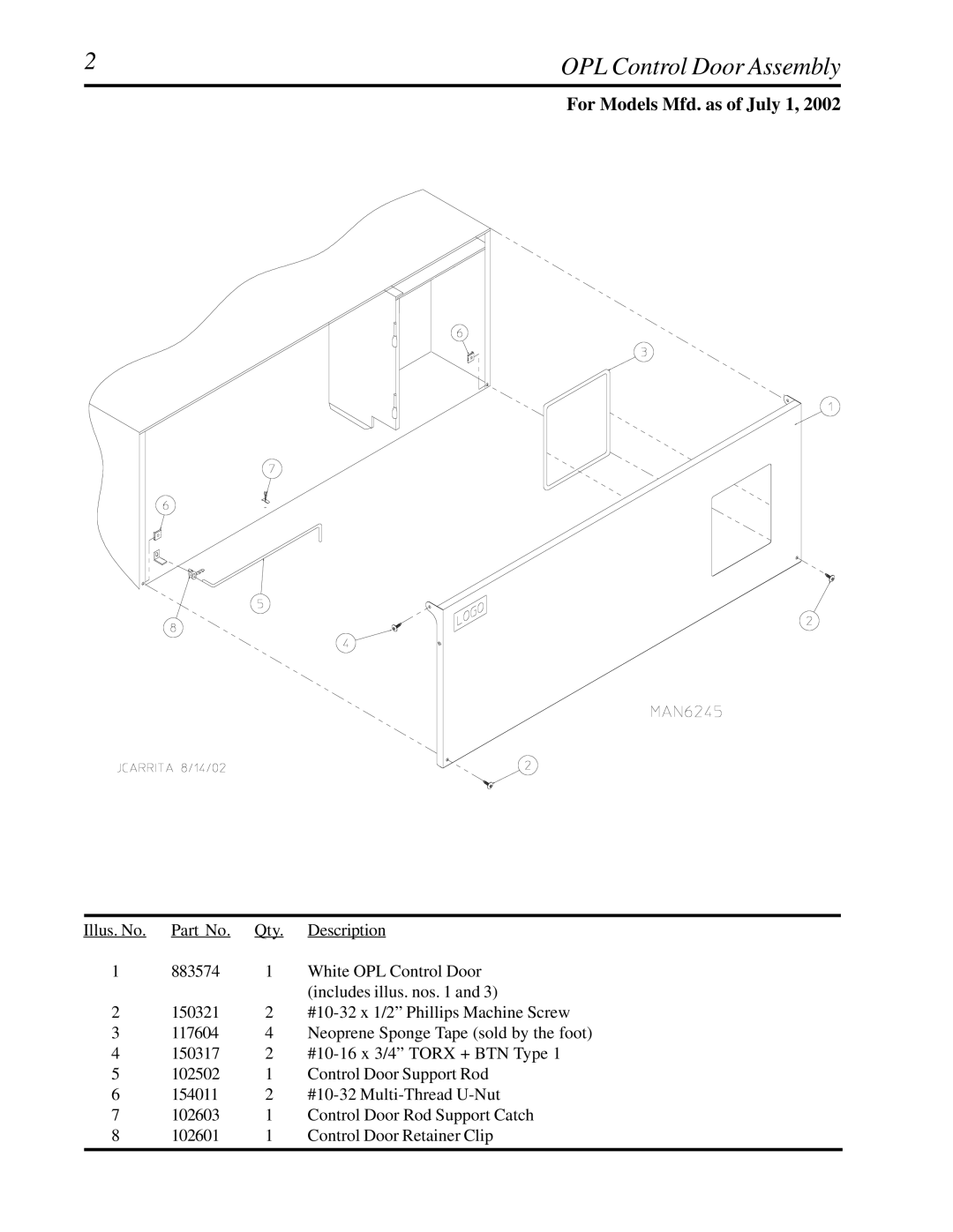 American Dryer Corp D30 manual OPL Control Door Assembly, For Models Mfd. as of July 1 