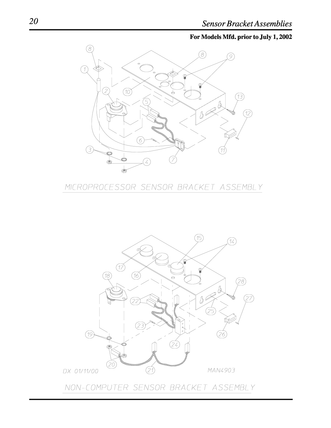 American Dryer Corp D30 manual Sensor Bracket Assemblies, For Models Mfd. prior to July 1 