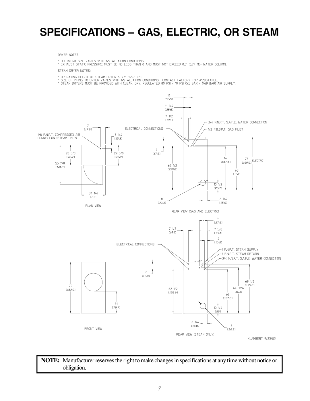 American Dryer Corp D3030 installation manual Specifications GAS, ELECTRIC, or Steam 