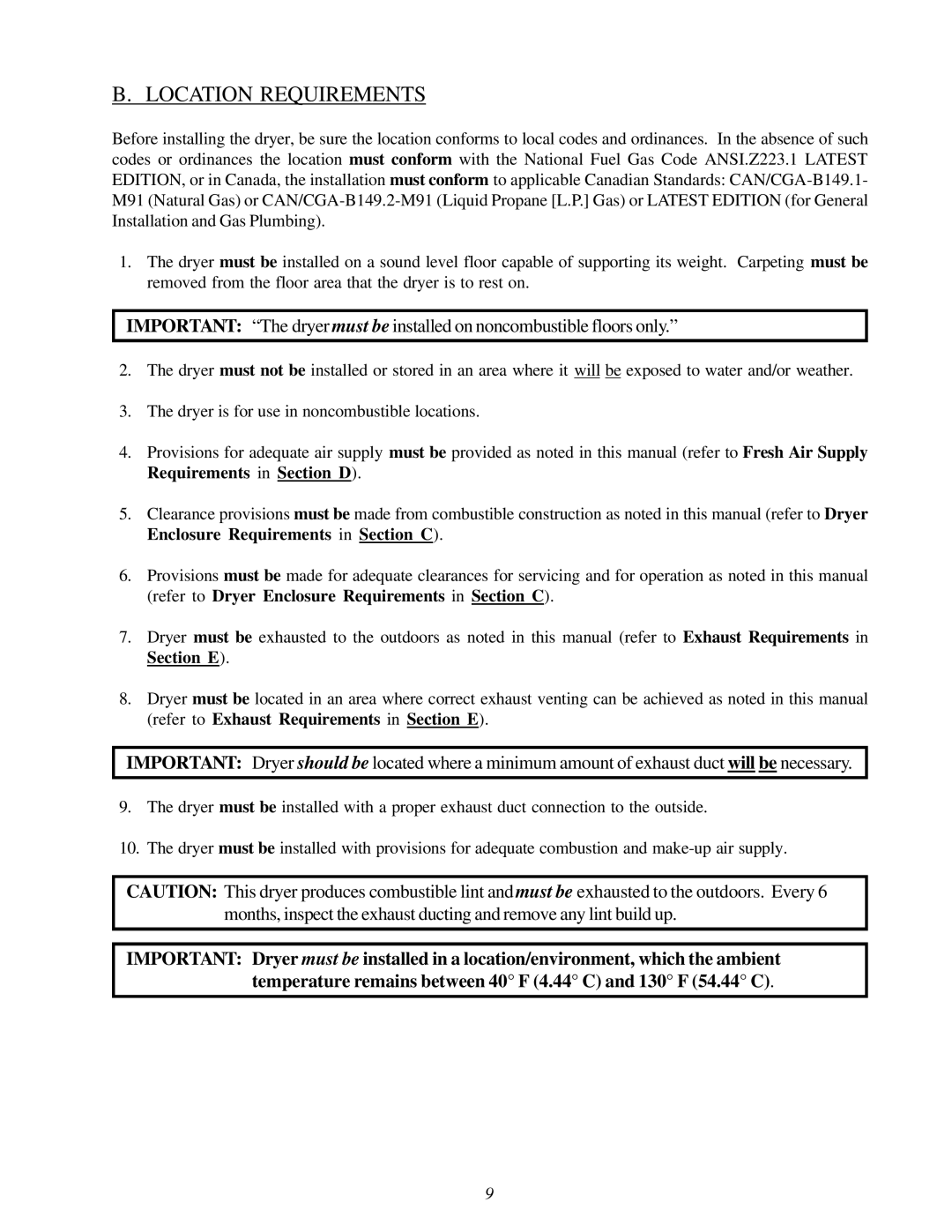 American Dryer Corp D3030 installation manual Location Requirements 