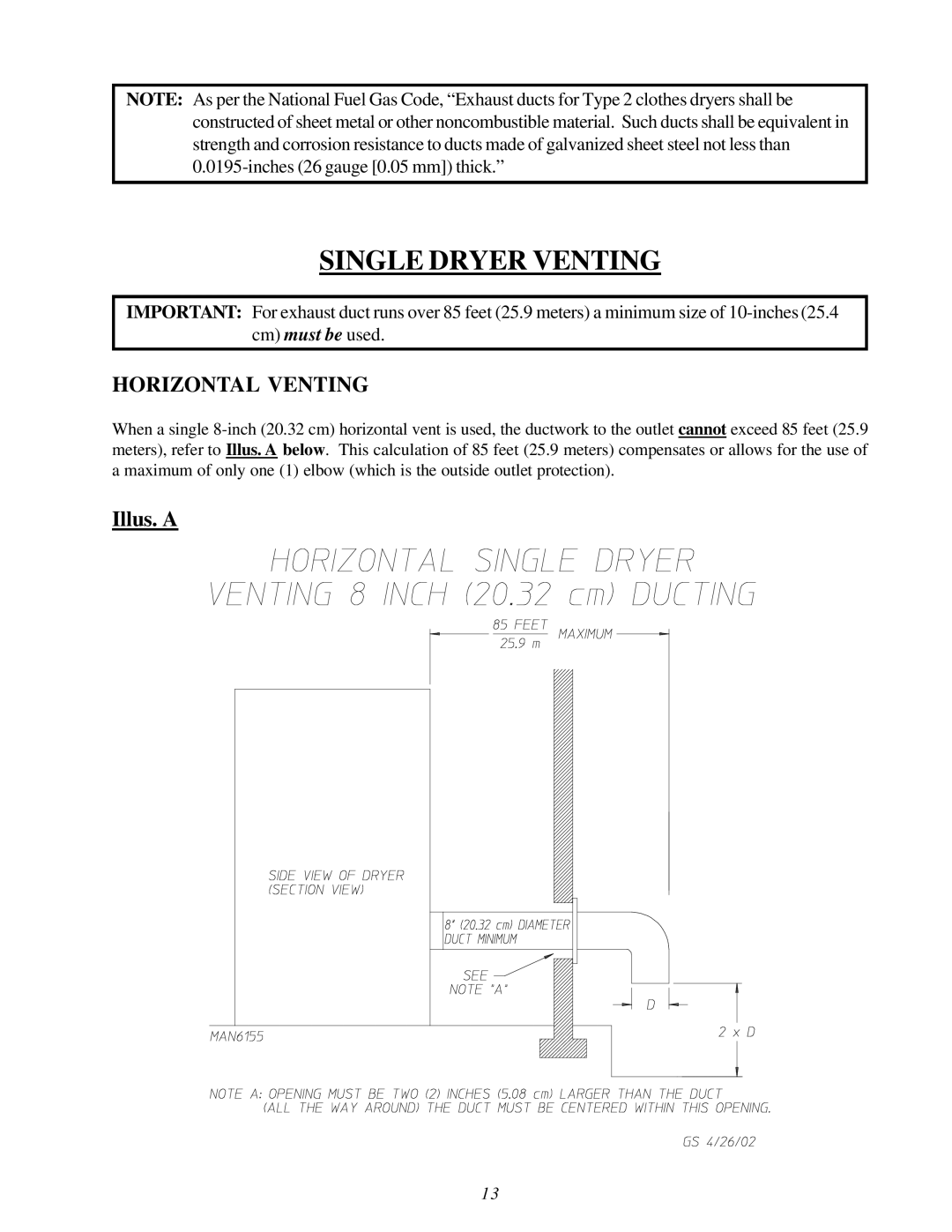 American Dryer Corp D3030 installation manual Single Dryer Venting 