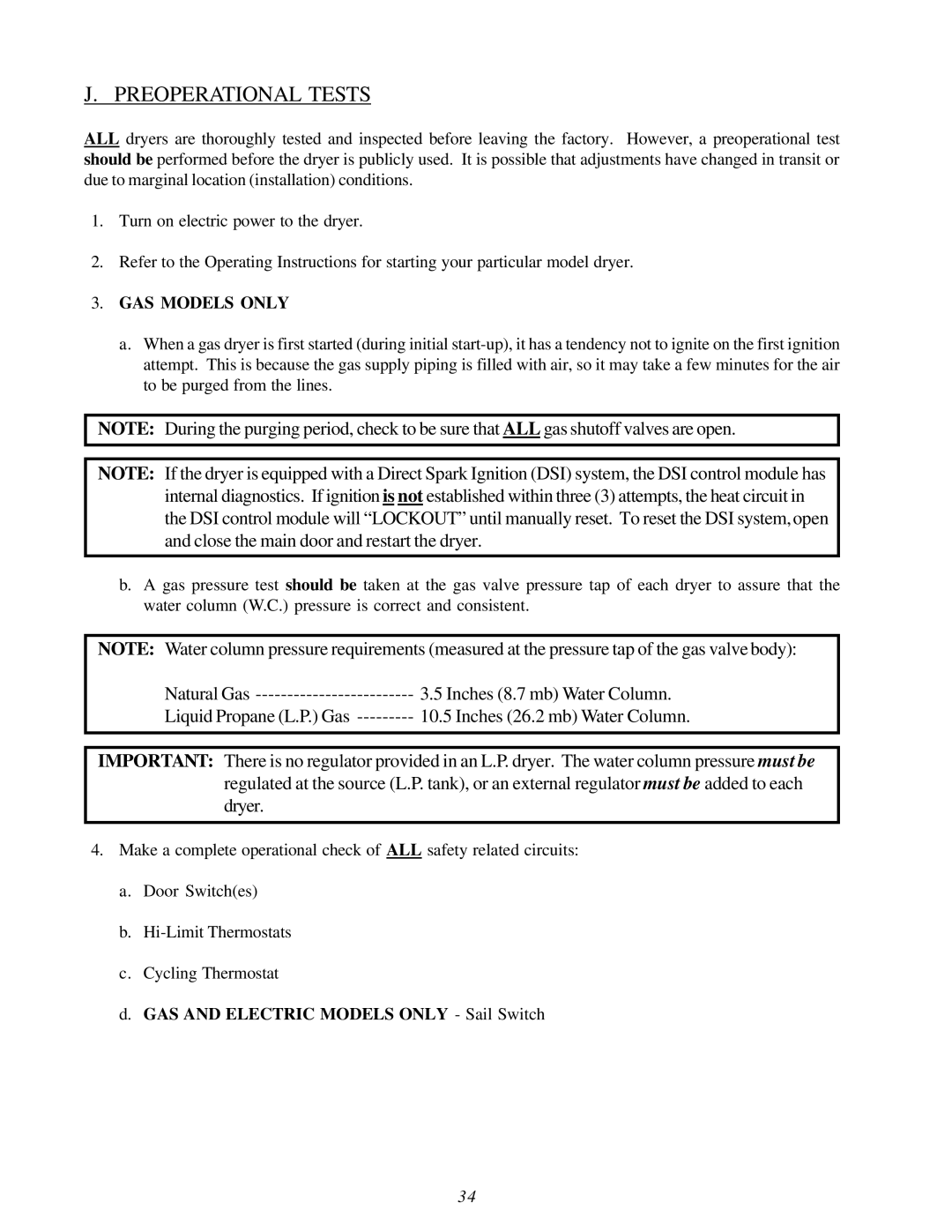 American Dryer Corp D3030 installation manual Preoperational Tests, GAS Models only 