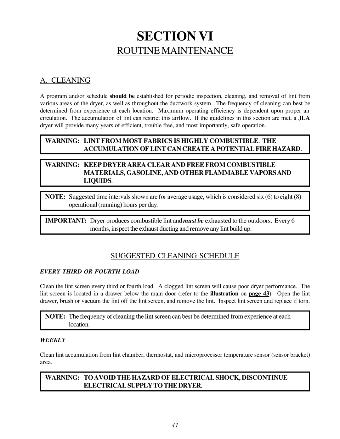 American Dryer Corp D3030 installation manual Routine Maintenance, Suggested Cleaning Schedule 