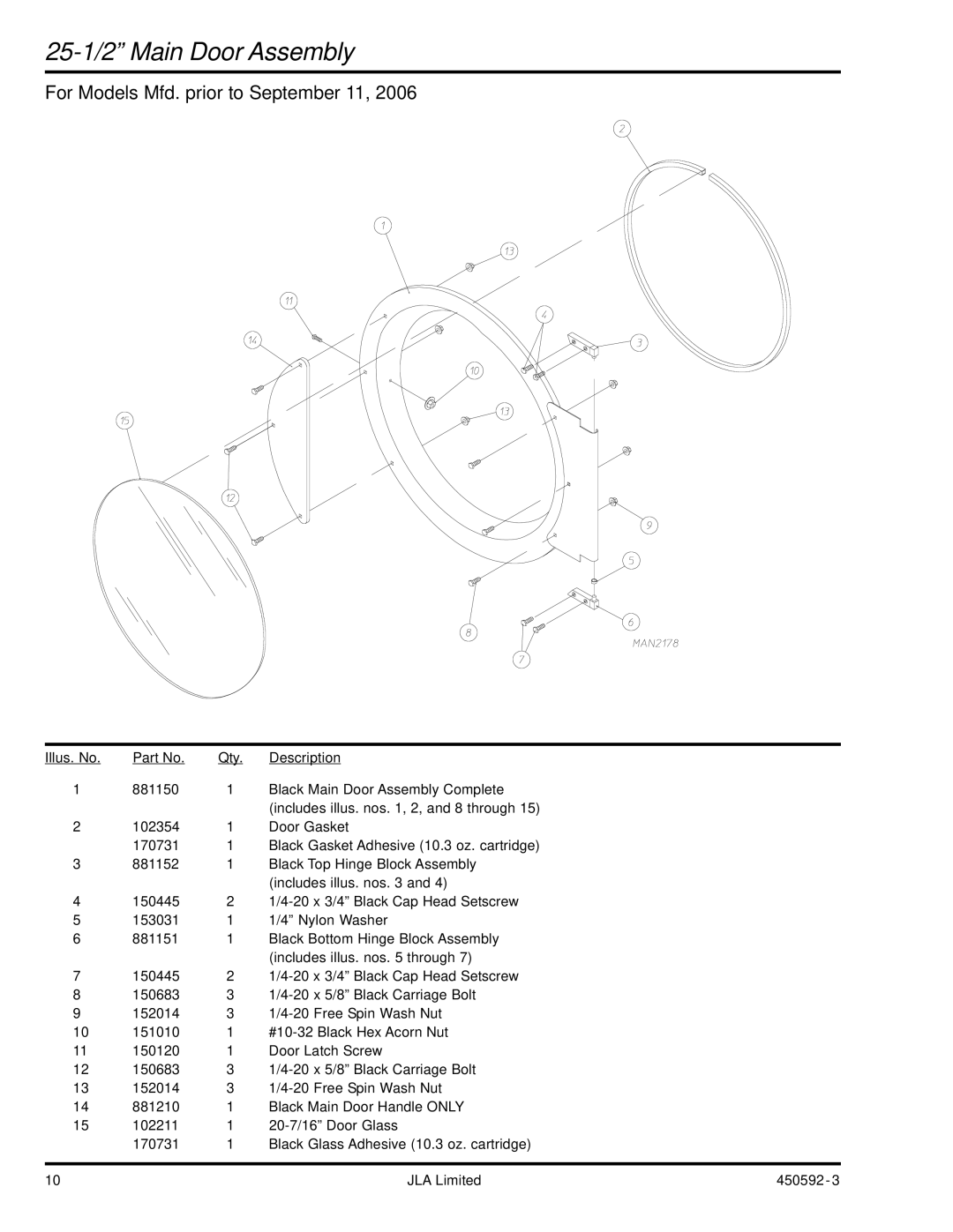 American Dryer Corp D75 manual 25-1/2 Main Door Assembly, For Models Mfd. prior to September 11 