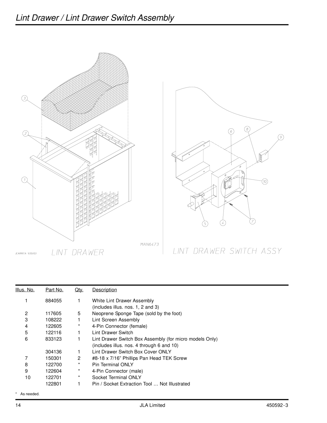 American Dryer Corp D75 manual Lint Drawer / Lint Drawer Switch Assembly 