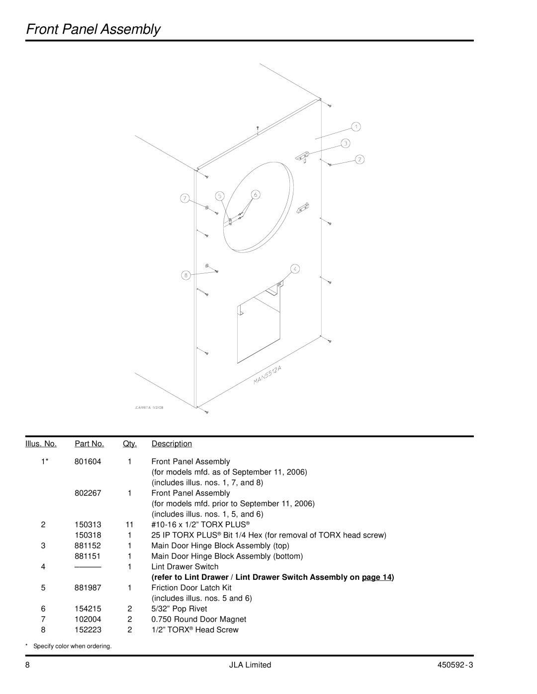 American Dryer Corp D75 manual Front Panel Assembly, Refer to Lint Drawer / Lint Drawer Switch Assembly on 