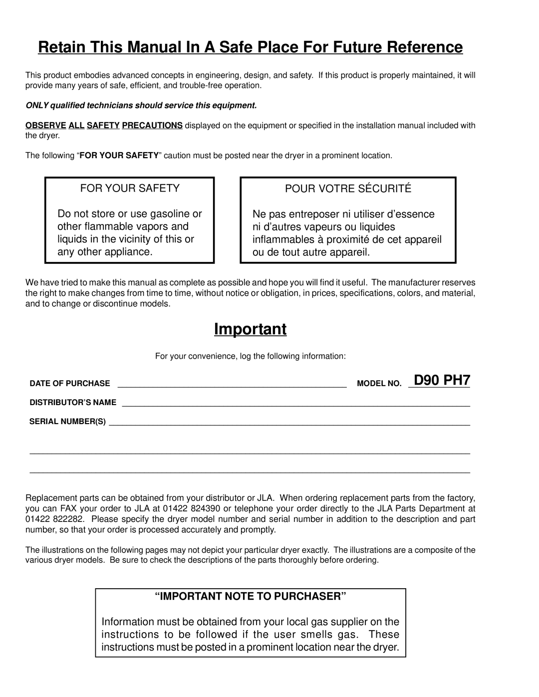 American Dryer Corp D90 manual Retain This Manual In a Safe Place For Future Reference 