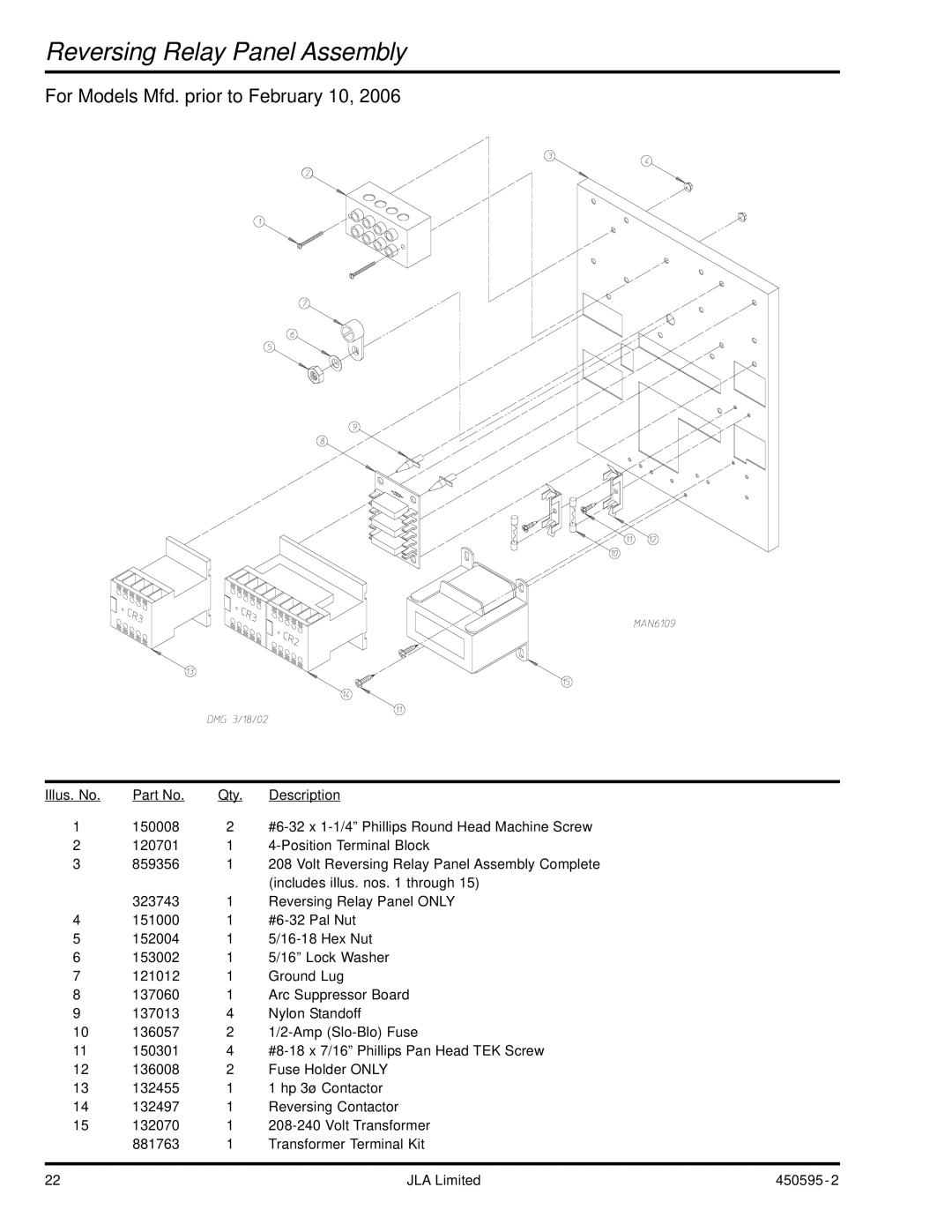 American Dryer Corp D90 manual Reversing Relay Panel Assembly, For Models Mfd. prior to February 10 