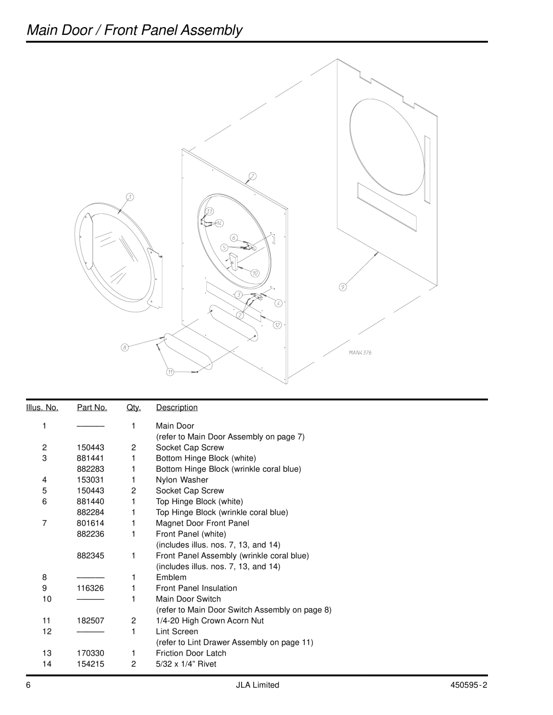 American Dryer Corp D90 manual Main Door / Front Panel Assembly, Refer to Main Door Assembly on 