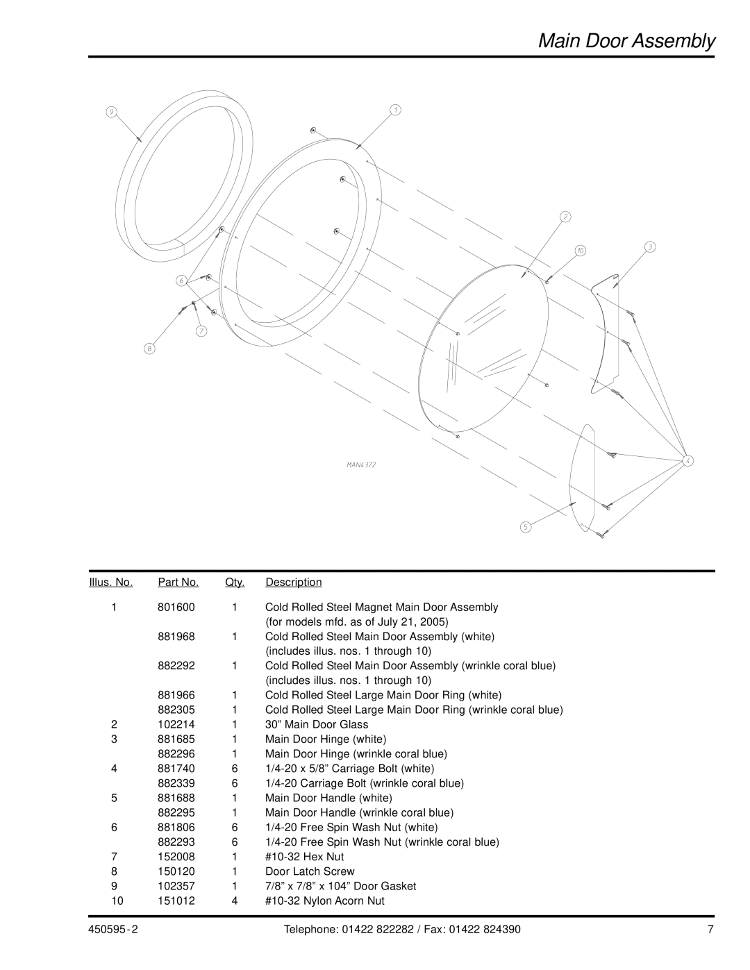 American Dryer Corp D90 manual Main Door Assembly 