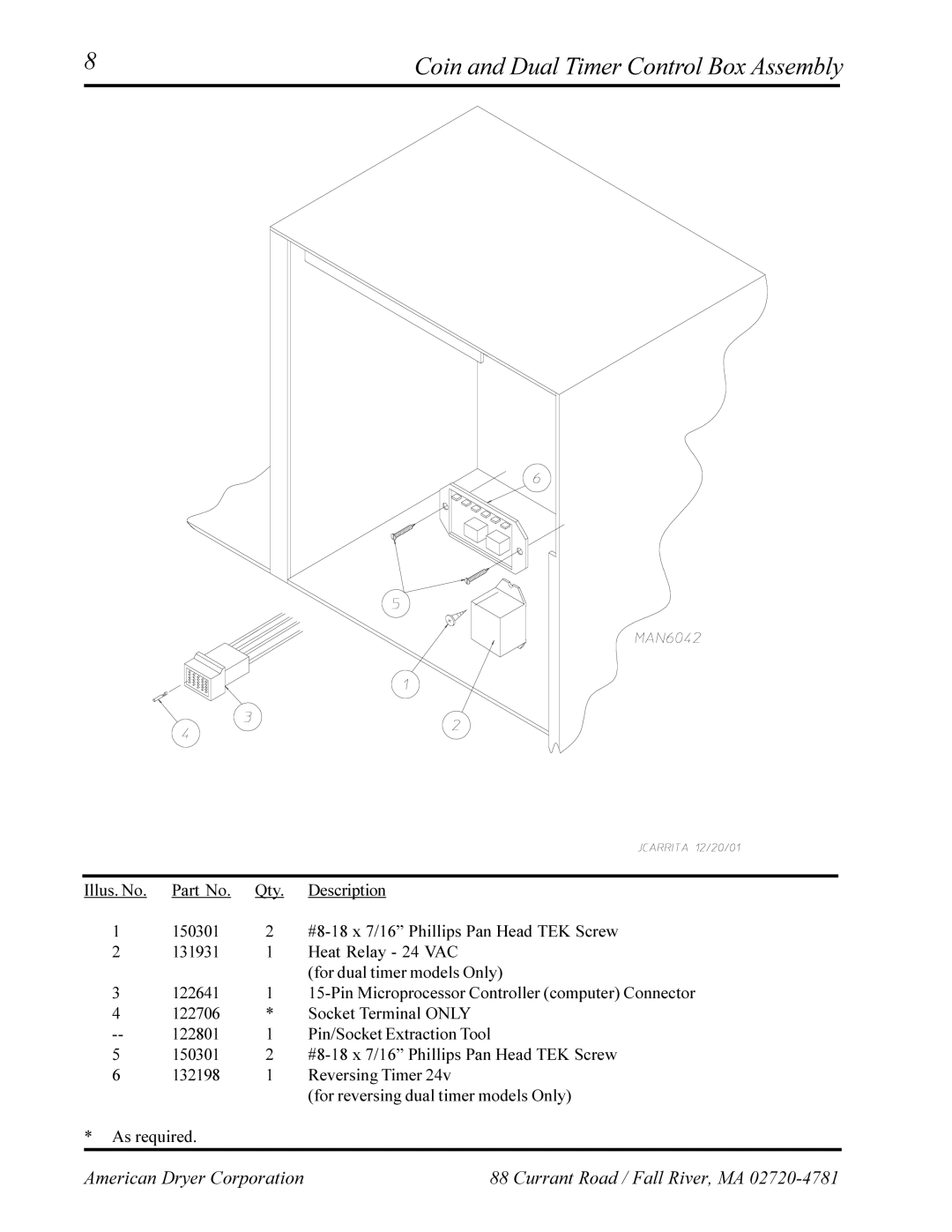 American Dryer Corp EURO-12 manual Coin and Dual Timer Control Box Assembly 