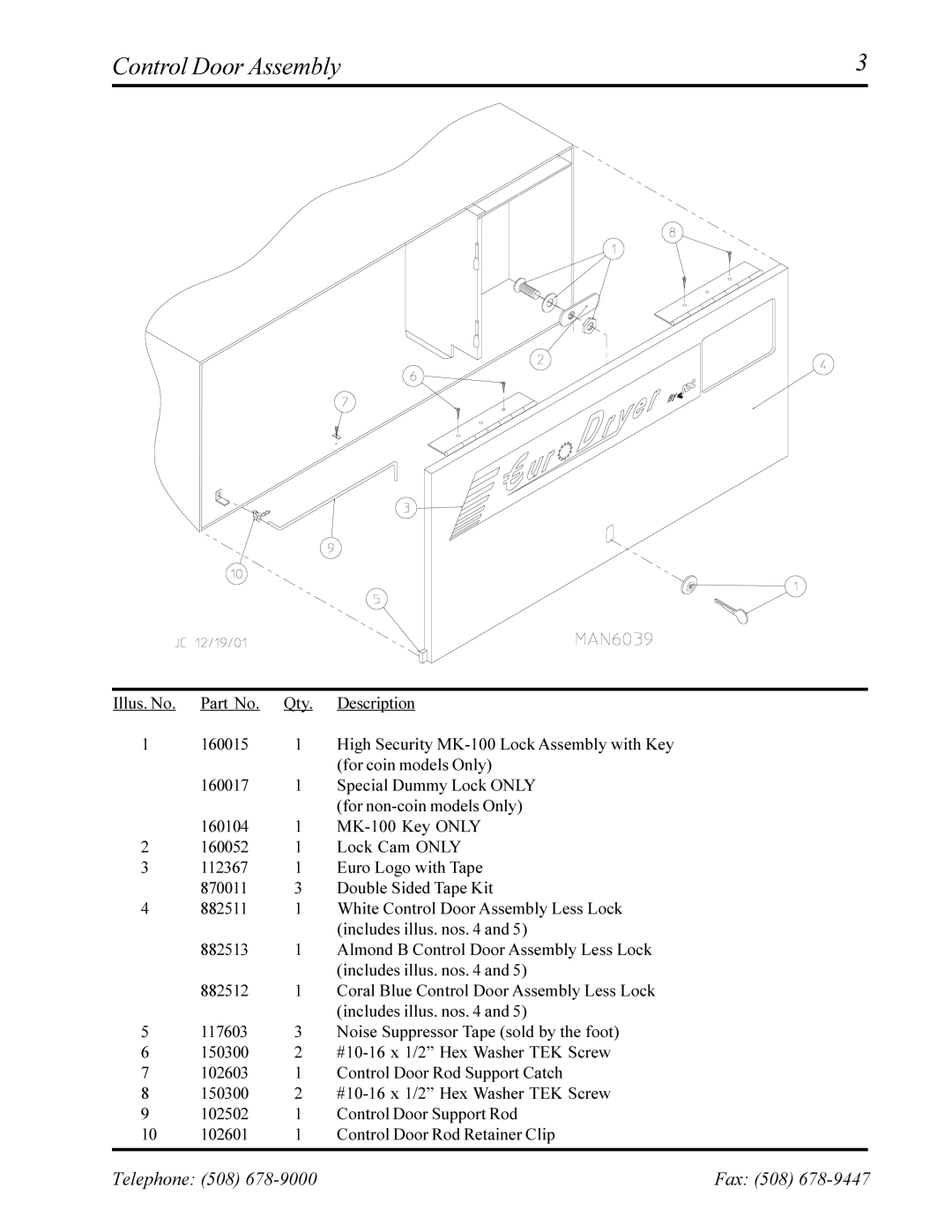 American Dryer Corp EURO-12 manual Control Door Assembly 