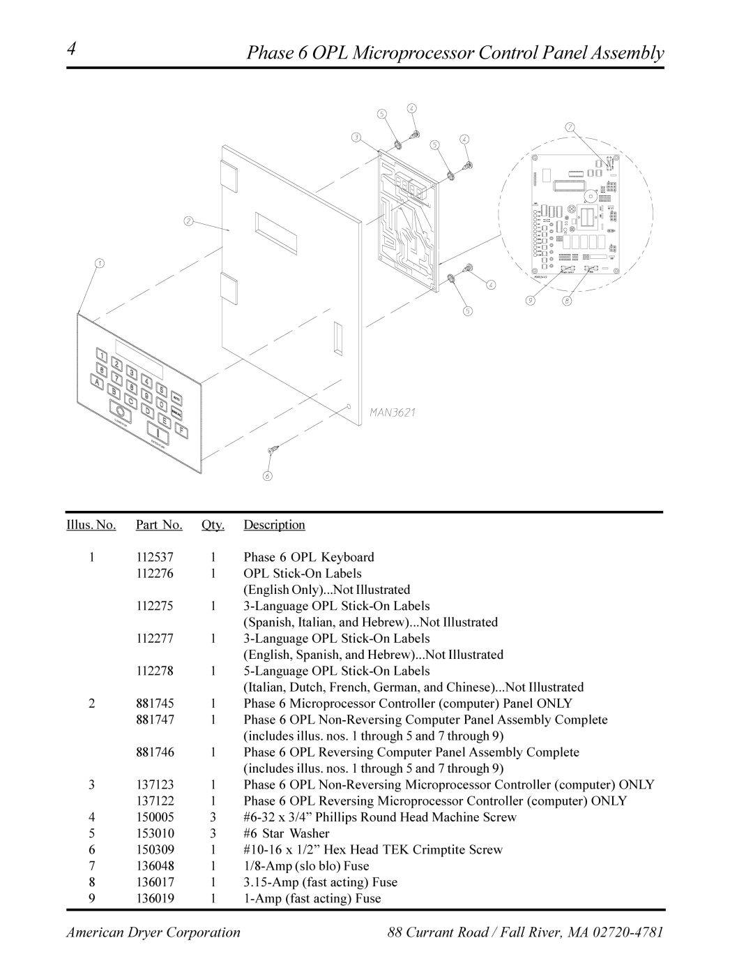 American Dryer Corp EURO-12 manual Phase 6 OPL Microprocessor Control Panel Assembly 