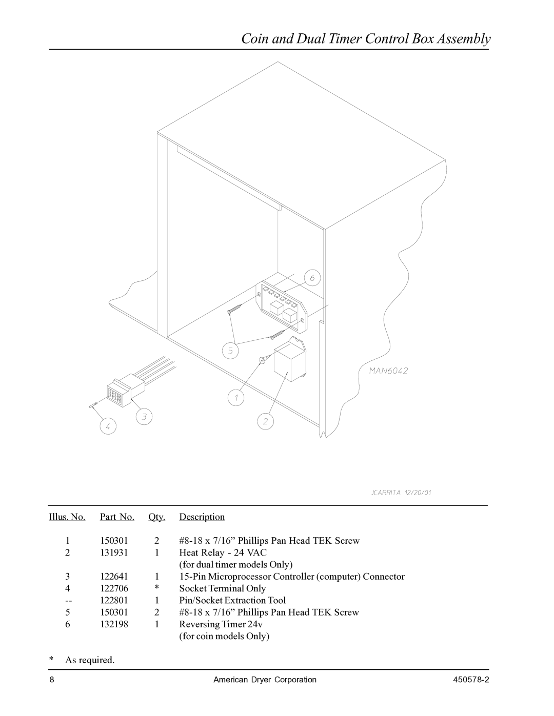 American Dryer Corp EURO-14 manual Coin and Dual Timer Control Box Assembly 