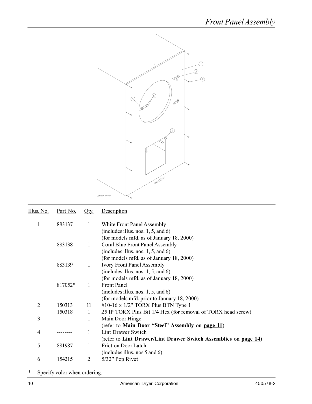 American Dryer Corp EURO-14 manual Front Panel Assembly, Refer to Lint Drawer/Lint Drawer Switch Assemblies on 