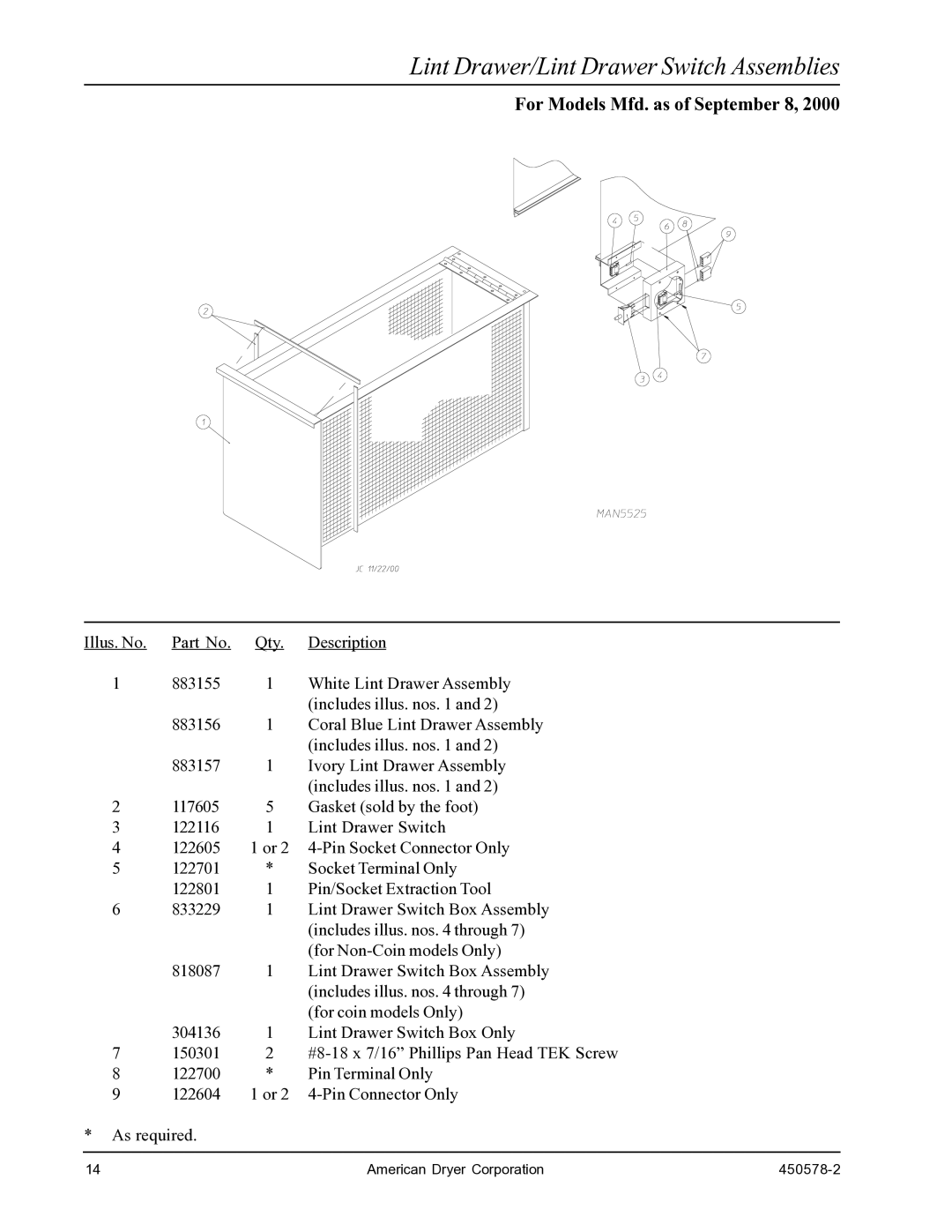 American Dryer Corp EURO-14 manual Lint Drawer/Lint Drawer Switch Assemblies, For Models Mfd. as of September 8 