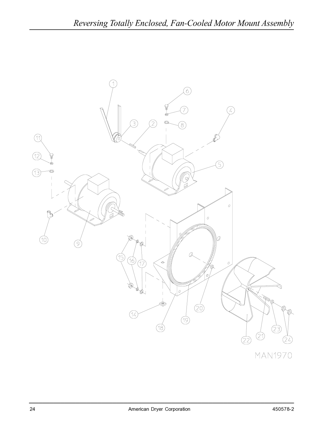 American Dryer Corp EURO-14 manual Reversing Totally Enclosed, Fan-Cooled Motor Mount Assembly 