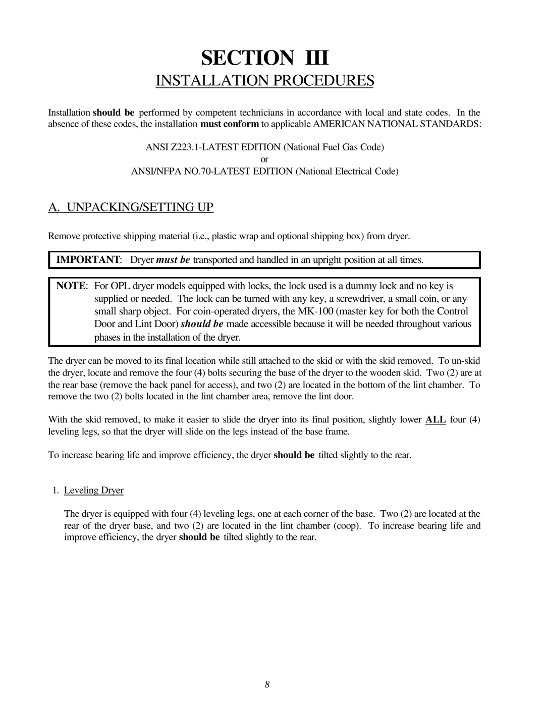 American Dryer Corp EURO-24 manual Installation Procedures, Unpacking/Setting Up 