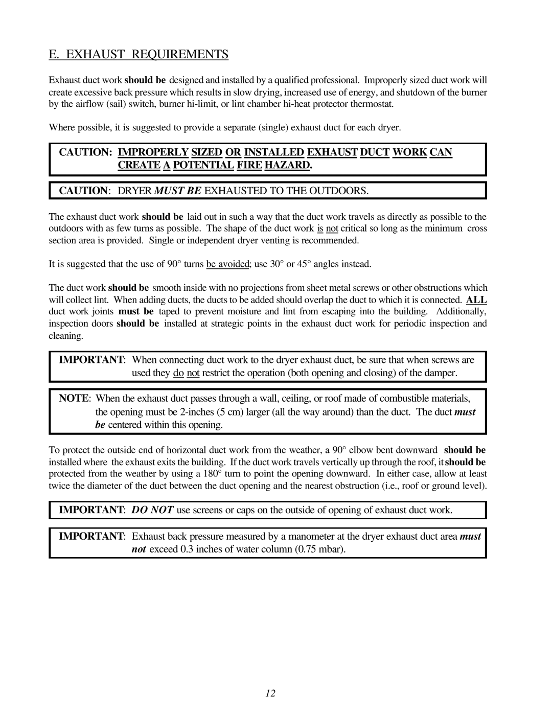 American Dryer Corp EURO-24 manual Exhaust Requirements 