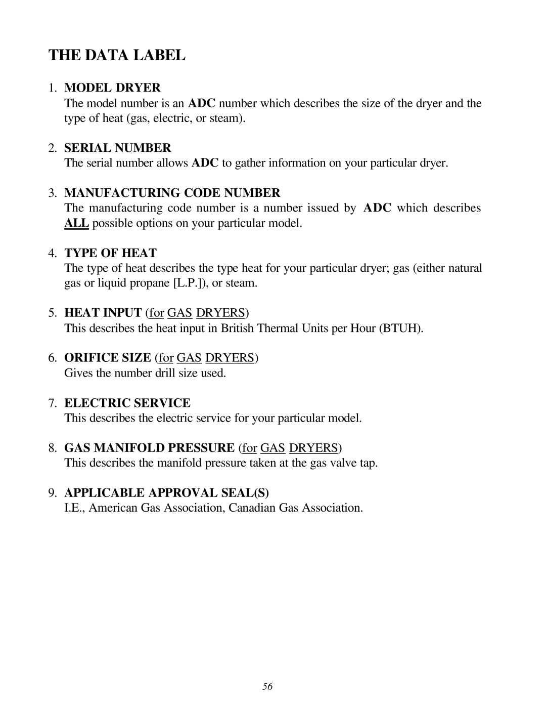 American Dryer Corp EURO-24 manual Data Label 