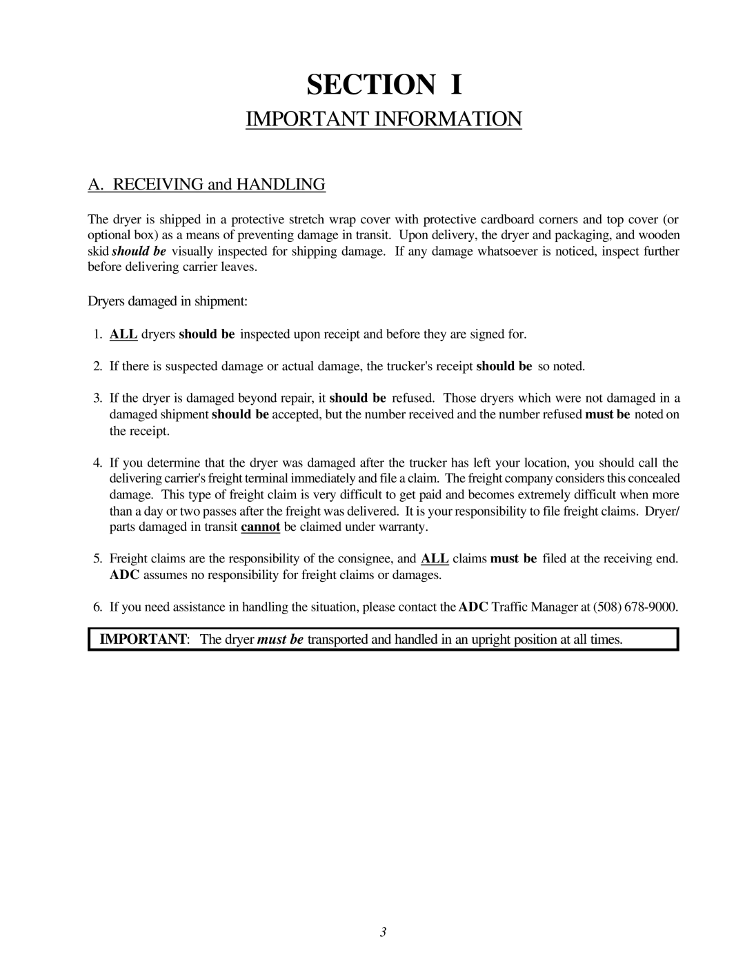 American Dryer Corp EURO-24 manual Section, Important Information 